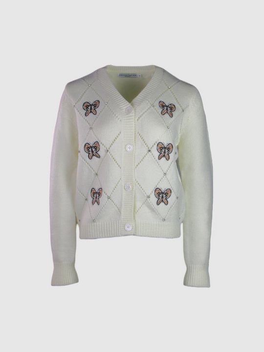 Butterfly Embroidered White Cardigan Women